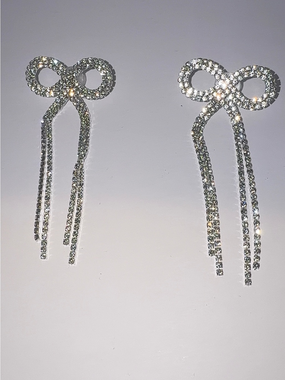 Silver Rhinestone Bow Drop Dangle Earrings Sparkling Bridal Prom